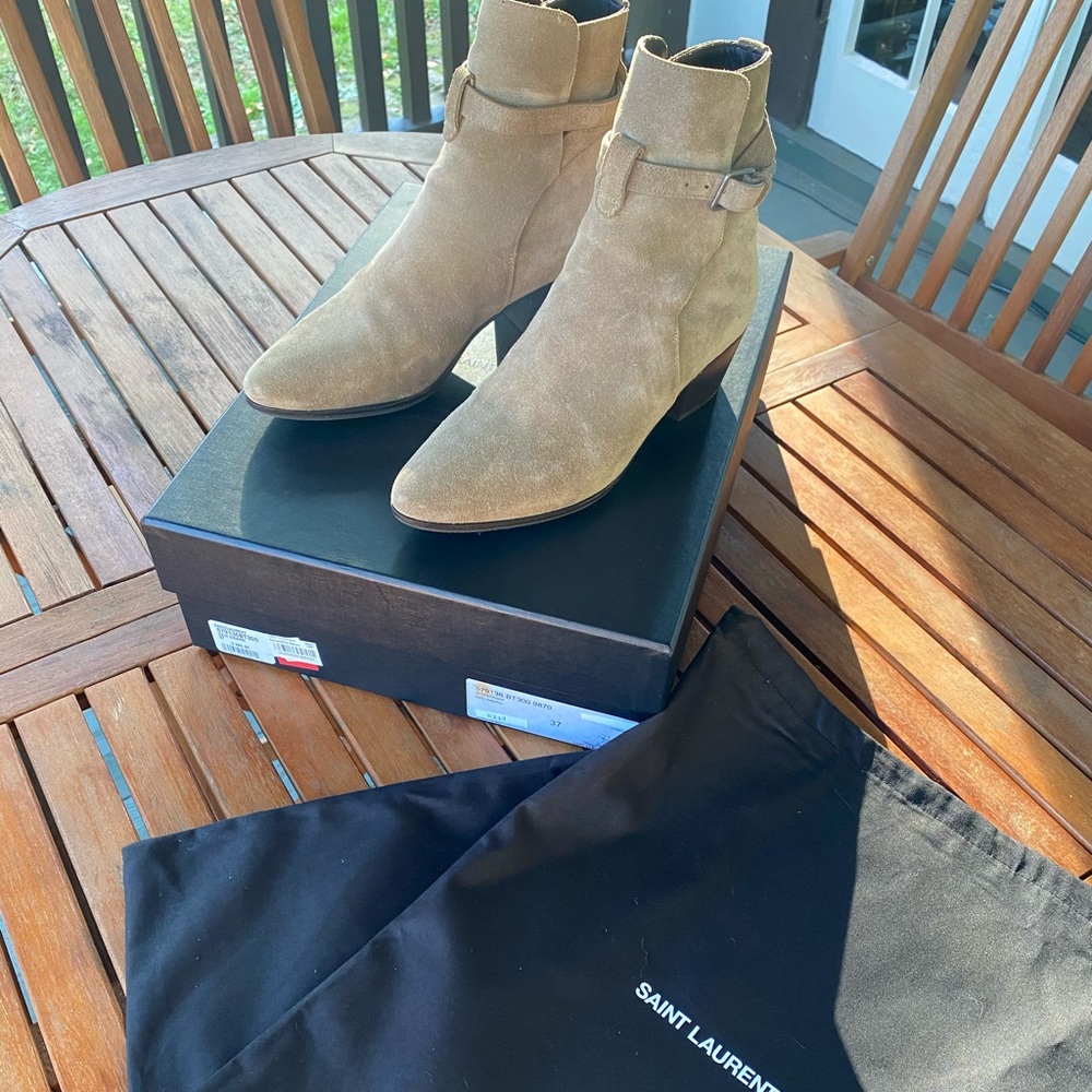 Saint Laurent Taupe Suede Ankle Boots with Buckle - Picture 9 of 11